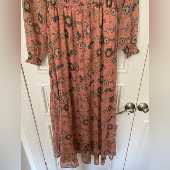 Patrons of Peace Peach Pink Navy Floral Longsleeve Maxi Dress Smock Button Front - Picture 10 of 14